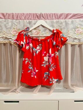 Blue Rain Red Floral Off the Shoulder Self Tie Top